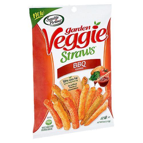 Sensible Portions Garden Veggie Straws BBQ Flavored Vegetable and Potato Snack, 6 oz
What makes our snacks so irresistible?
The combination of garden grown potatoes, ripe vegetables, and 30% less fat than the leading potato chip† provides a better-for-you snack. Bursting with smoky, sweet barbeque flavor your taste buds will be transported to summer days. Now you can satisfy your snack cravings in a smart and wholesome way.
†Per 1 oz Serving - Fat
This product - 7g
Leading potato chip - 10g

Snack More. Guilt Less.
Our straws are not quite a chip, crisp, or stick. These airy, crunchy straw snacks allow for 38 straws per serving. That is why we call ourselves Sensible Portions®.