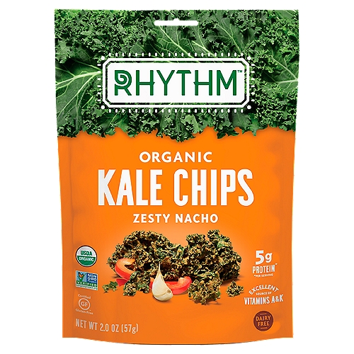 Rhythm Kale Chips Zesty Nacho Og 2 Oz
5g Protein*
*per Serving

Snacks Full of Life™

Ready to kick it up a nacho? Our Organic Zesty Nacho Kale Chips make your taste buds sing with a zing of “cheesy” flavor in every crunchy bite. They're bursting with all the sharp and savory flavors you crave without a drop of dairy. Plus, we gently dehydrate them under low heat to keep in all of the nourishing Vitamins A and K, minerals and goodness that won't kale your vibe.