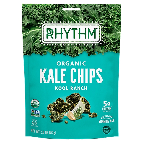 Rhythm Kale Chips Kool Ranch Og 2 Oz
5g Protein*
*Per Serving

Snacks Full of Life™

What's kooler than cool? Our Organic Kool Ranch Kale Chips take your taste buds on a trip with this snack time fave. Tangy ranch, garlic and dill pack a punch of flavor, without a drop of dairy! They're gently dehydrated under low heat to keep in all of the nourishing Vitamins A and K, minerals and goodness that won't kale your vibe.