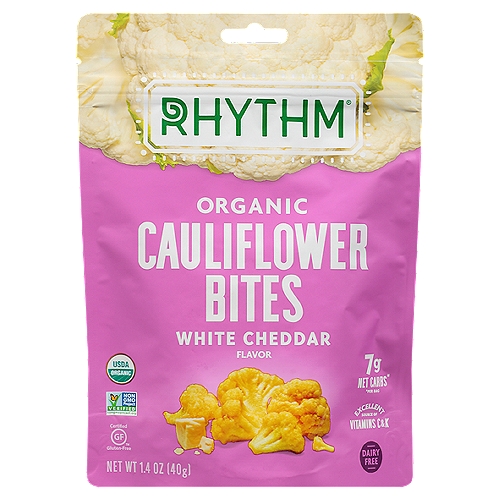 Rhythm Cauliflower Bites White Chddr Og 1.4oz
7g Net Carbs*
*Per Bag

Want to get a head of the bunch? You grabbed the right bag! Make your taste buds sing with creamy, cheesy flavor in every crunchy bite of our Organic White Cheddar Flavored Cauliflower Bites. They're bursting with all the sharp and savory flavors you crave without a drop of dairy! Plus, we use just enough pressure and heat to keep in all the Vitamin C, Vitamin K and Fiber that keep you crunchin' to the beat.