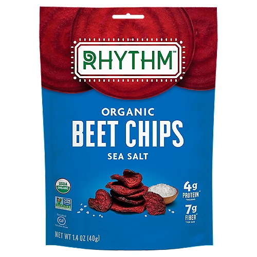 Rhythm Superfoods Beet Chps Sea Slt Og 1.4 Oz
4g Protein*
7g Fiber*
*Per Bag

Snacks Full of Life™
Did your heart just skip a beet? We have that effect sometimes. Likely because of our naturally sweet nature and all that love and good vibes we're packing. Our Organic Sea Salt Beet Chips are gently dehydrated to keep in all their crunchiness and powerful nutrients, like fiber and potassium. Splashes of savory sea salt take this beet to the top of the charts!