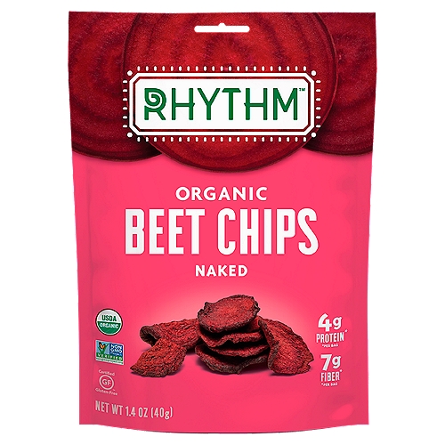 Rhythm Superfoods Beet Chips Naked Og 1.4 Oz
4g Protein*
7g Fiber*
*Per Bag

Snacks Full of Life™
Did your heart just skip a beet? We have that effect sometimes. Likely because of our naturally sweet nature and powerful nutrients, like fiber and potassium, which help keep your mind, body and spirit in sync. Our Organic Naked Beet Chips are gently dehydrated to maximize their swoon-worthy crunchiness. What's added? Nothing but love and good vibes.