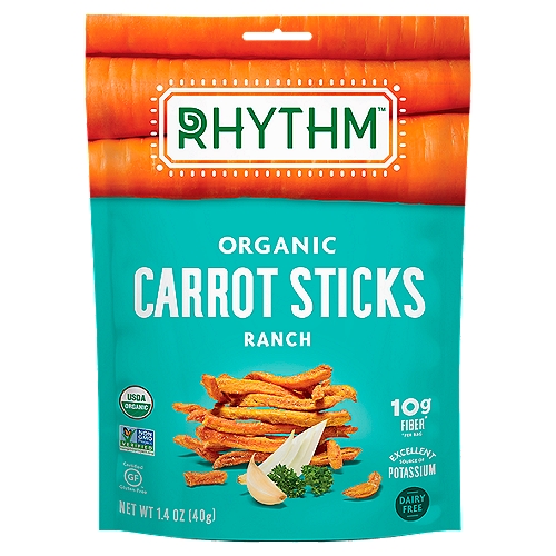 Rhythm Superfoods Carrot Sticks Rnch Og 1.4oz
10g Fiber*
*Per Bag

Snacks Full of Life™

Can you see this? You can thank the eye-popping Beta Carotene in our carrots for that! Our Organic Ranch Carrot Sticks are bursting with Vitamin A, thanks to the way we gently dehydrate them to keep in all their nourishing vitamins and minerals. Tangy ranch, garlic and dill kick up the flavor of this snack time fave, without a drop of dairy! Take 'em for a dip or enjoy straight out of the bag.
