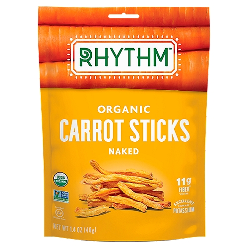 Rhythm Superfoods Carrot Sticks Nakd Og 1.4oz
11g Fiber*
*Per Bag

Snacks Full of Life™

Does healthy snacking start at the root? It sure does. That's why we harvest our organic carrots at the peak of ripeness. Then, we gently dehydrate them to keep in all that crunch and eye-popping Vitamin A, which comes from Beta Carotene. Our naturally sweet Organic Naked Carrot Sticks are perfect to take for a dip or enjoy straight out of the bag.
