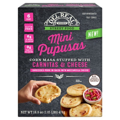 Del Real Foods Street Food Corn Masa Stuffed with Carnitas and Cheese Mini Pupusas, 6 count, 16.8 oz