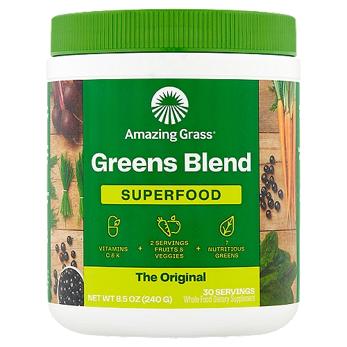 Amazing Grass Green SuperFood - 30 Servings
Whole Food Dietary Supplement

Your daily greens plus nutritious fruits & veggies for health & wellness.*

Supports immunity*
Natural energy*
Supports digestive health*

The Original
Our most popular powder blend is an easy way to add more whole food nutrition to your health routine. Each great tasting scoop is packed with nutritious greens, wholesome fruits & veggies plus, nutritious superfoods. It's a simple way to support your overall health and wellness to help you feel amazing every day.*
*These statements have not been evaluated by the Food and Drug Administration. This product is not intended to diagnose, treat, cure or prevent any disease.

Nutrition Made Easy.
Wheat grass, barley grass, alfalfa, spirulina, chlorella, broccoli, spinach, beet root, carrot, pineapple, açaí berry, raspberry, Plus: Acerola cherry & more…
