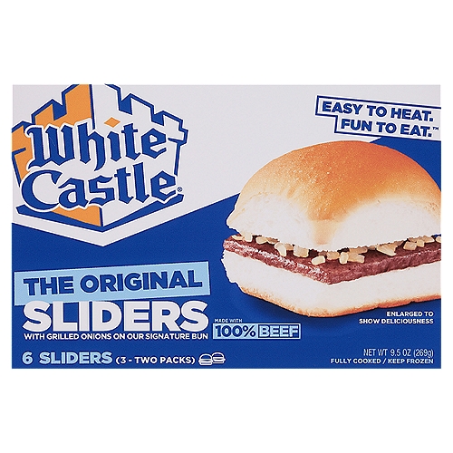 White Castle The Original Sliders, 6 count, 9.5 oz
Easy to Heat. Fun to Eat.™

America's First Slider. America's Most Loved Slider.
In a world of copycat sliders and mini burgers, there's only one Original Slider. We invented The Original Slider® when we first took 100% beef and put it on top of grilled onions and a signature bun. Easy to heat, these satisfying sliders are big in taste and in fun. Sliders are great on their own or customized with your favorite toppings. From our castle to your freezer -- It's What You Crave®!

Turn Your Home into a Castle.