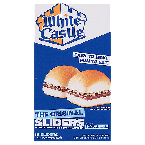 White Castle The Original Sliders, 16 count, 25.28 oz
Easy to Heat. Fun to Eat.™

America's First Slider. America's Most Loved Slider.
In a world of copycat sliders and mini burgers, there's only one Original Slider. We invented The Original Slider® when we first took 100% beef and put it on top of grilled onions and a signature bun. Easy to heat, these satisfying Sliders are big in taste and in fun. Sliders are great on their own or customized with your favorite toppings. From our castle to your freezer -- It's What You Crave®!

Turn Your Home into a Castle.
