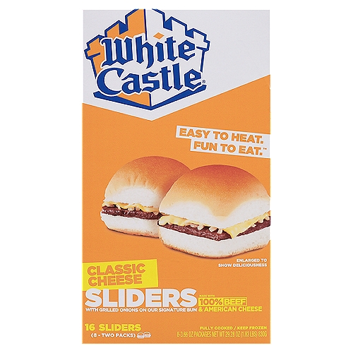 White Castle Classic Cheese Sliders, 16 count, 29.28 oz
Easy to Heat. Fun to Eat.™

Craveable. Flavorful. Irreplaceable.
Some people say The Original Slider® is perfect and can't be topped. To those people, we say ''how about a slice of tasty, melty American cheese?'' The classic combo of 100% beef and grilled onions on our signature bun was already craveable. We just made it more satisfying and irreplaceable. Sliders are great on their own or customized with your favorite toppings. And try not to drool too much...
From our Castle to your freezer -- It's What You Crave®!

Turn Your Home into a Castle.