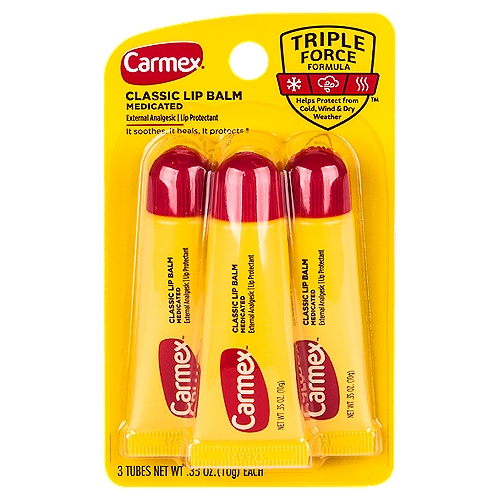 Carmex Classic Lip Balm 3pk
Squeezable medicated lip balm that goes on smooth to soothe and protect dry, chapped lips

Medicated Classic Lip Balm

Triple Force Formula™ - Helps protect from cold, wind & dry weather

It soothes. It heals. It protects.®

Drug Facts
Active ingredients - Purpose
Camphor 1.70% - External analgesic
White petrolatum 45.30% - Lip protectant

Uses
• helps provide relief of symptoms of cold sores and dry lips