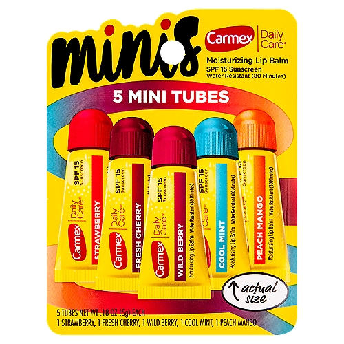 Carmex Daily Care Minis Sunscreen Moisturizing Lip Balm, SPF 15, .18 oz, 5 count
Drug Facts
Active ingredients - Purpose
Octinoxate 7.50%, oxybenzone 4.00% - Sunscreen

Uses
• helps protect against sunburn
• higher SPF gives more sunburn protection