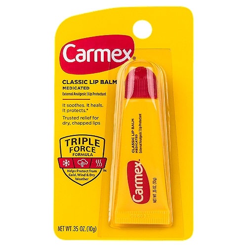 Carmex Original Lip Balm, .35 oz
Squeezable medicated lip balm that goes on smooth to soothe and protect dry, chapped lips

It soothes. It heals. It protects®

Triple Force Formula™
Helps protect from cold, wind & dry weather

Drug Facts
Active ingredients - Purpose
Camphor 1.70% - External analgesic
White petrolatum 45.30% - Lip protectant

Uses
• helps provide relief of symptoms of cold sores and dry lips