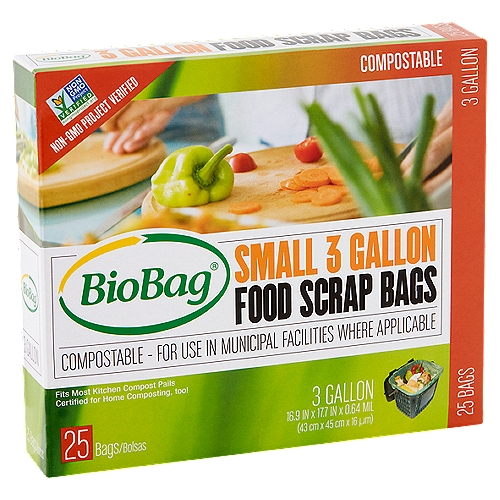 BioBag Small 3 Gallon Food Scrap Bags, 25 count
BioBags take the mess out of food scrap collection, keeping your compost pail clean and odor-free

BioBag is a world leader in providing bags and films for the collection of organic waste for the purpose of composting. Unlike regular plastic, BioBags can be consumed by micro-organisms that live in our soils. Because we use starches from renewable crops, our bags can be readily composted along with organic waste in municipal composting facilities. BioBag isn't a large, petroleum-based plastic bag company that now conveniently dabbles in the new business of compostable bags. We are a small, privately-owned company dedicated to only producing certified compostable bags and films. The resin we use is sourced from Italy, as there is no ''compostable resin'' supplier in North America that can guarantee a resin based on Non-GMO Project Verified crops. The resin is then blown into compostable bags and films at our production facility in California.