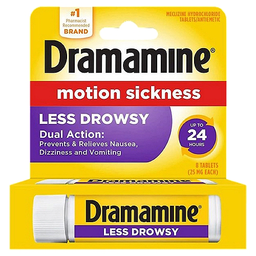 Dramamine All Day Less Drowsy Motion Sickness Relief Tablets, 25 mg, 8 count
Drug Facts
Active ingredient (in each tablet) - Purpose
Meclizine HCl 25 mg - Antiemetic

Use
For prevention and treatment of these symptoms associated with motion sickness:
■ nausea
■ vomiting
■ dizziness