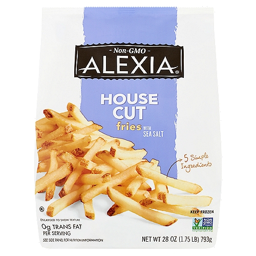 Alexia House Cut Fries with Sea Salt, 28 oz
5 simple ingredients go into rustic fries full of flavor

Five simple ingredients.
One naturally delicious fry.
Simply made food is simply the best. We only use five ingredients to create natural cut fries that are full of flavor. When you start with russet potatoes cut with the skin on, you don't need much to improve upon one of nature's most delicious sides.