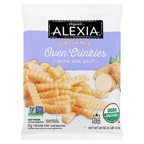 Alexia Organic Oven Crinkles with Sea Salt, 16 oz
Pacific Northwest Russet Potatoes & real Sea Salt make these an Instant Classic

Organically Grown, Naturally Delicious
We put real craftsmanship into selecting all of our certified organic vegetables, including growing many of our ingredients on farms in the Pacific Northwest. So what you taste are simply the flavors nature intended made in a way intended to sustain nature.