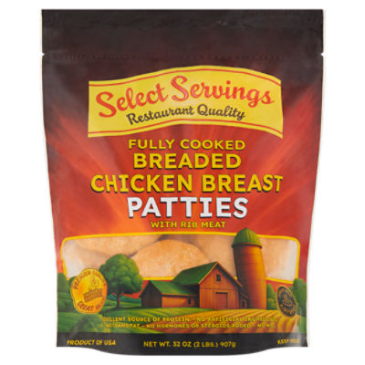 Select Servings Fully Cooked Breaded Chicken Breast Patties with Rib Meat, 32 oz