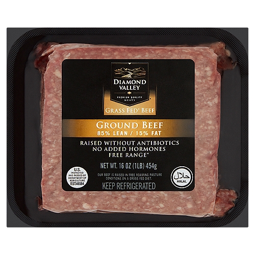 Diamond Valley 85% Lean / 15% Fat Ground Beef, 16 oz
Grass Fed‡ Beef
Free Range*
‡*Our beef is Raised in Free Roaming Pasture Conditions on a Grass Fed Diet.