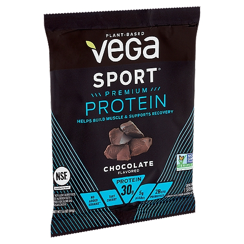 Vega Sport Premium Protein Chocolate Flavored Drink Mix, 1.6 oz
No Added Sugars**
**Not a Low Calorie Food. See Nutrition Facts Panel for Calorie and Sugar Content.

5g BCAAs‡
‡ Branched Chain Amino Acids

Finish Strong
Get all these benefits and more in every serving
30g of plant-based protein from a multisource blend of pea, alfalfa, pumpkin seed, and sunflower seed to help build muscle
Includes 5g of BCAAs to help repair muscle
Tart cherry to help support recovery
2 Billion CFU probiotics