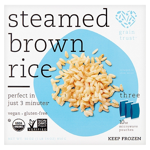 Grain Trust Steamed Brown Rice, 10 oz, 3 count
From Field to Fork
Our food is simple: honest ingredients as fresh as they can be. We harvest our grains, cook them to perfection and flash freeze them to lock in every lick of flavor before it gets away. That's it. And now they're yours for the eating in just 3 minutes flat.

Brown Rice
You're going to need a bigger appetite because this goodness goes with everything. Exaggeration: none. Every bite blooms with delicious, nutty flavor, tempting texture and honest nutrition you can only get from whole grains.

Our Rice is Nice
Our grains are naturally gluten-free and grown without the use of GMOs, but that is just the beginning of our food-loving do-gooding. We also ethically source all of our grains from farmers who are guaranteed a fair living wage.