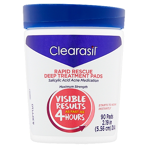 Clearasil Maximum Strength Rapid Rescue Deep Treatment Pads, 90 count
Salicylic Acid Acne Medication

Clearasil® Rapid Rescue Deep Treatment Pads:
When treating pimples, faster is better. Visibility reduces redness and pimple size in as fast as 4 hours!
Dermatologically tested, it starts to work instantly, opens up blocked pores and delivers maximum strength active deep into the pores.

Use
For the treatment of acne

Drug Facts
Active ingredient - Purpose
Salicylic acid 2% - Acne medication