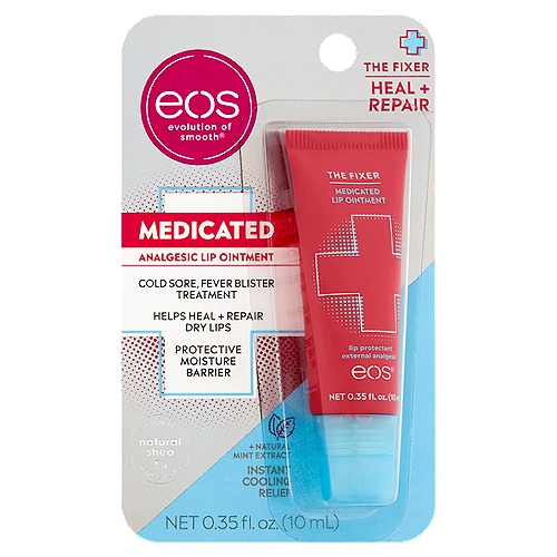 eos Medicated Analgesic Lip Ointment, 0.35 fl oz
Sustainable Natural Shea Wild Grown™

The Fixer Analgesic Lip Ointment heals and repairs dry lips in a flash. Its multi-power, icy-cool formula temporarily relieves pain associated with cold sores, with a super-soft layer of long-lasting hydration.

SuperShield™ shea complex taps into nature's strongest ingredients to reinforce skin's natural barrier and lock in moisture.

Drug Facts
Active ingredients (w/w) - Purpose
Menthol 0.625% - External analgesic
Camphor 0.50% - External analgesic
Allantoin 0.50% - Lip protectant

Uses
■ For the temporary relief of pain associated with fever blisters and cold sores.
■ Temporarily protects minor cuts, scrapes, burns, chapped or cracked lips.