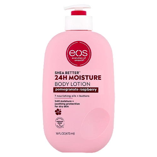 eos Shea Better Pomegranate Raspberry 24h Moisture Body Lotion, 16 fl oz
Sustainable natural shea Wild-Grown™

Our 24h body lotion with instantly moisturizing Shea Oil + lasting protection Shea Butter quickly absorbs for 24-hour hydration.

Daily Moisture
Say hello to...
✓ fast-absorption
✓ lightweight
✓ soft skin
✓ sustainable shea
Say goodbye to...
x greasiness
x heaviness
x sticky residue