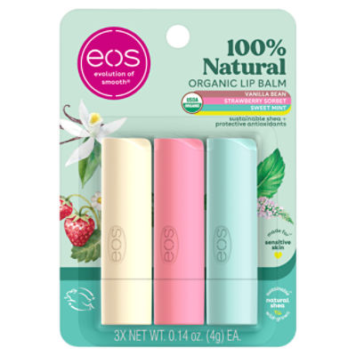 eos 100% Natural Vanilla Bean, Strawberry Sorbet, Sweet Mint Organic Lip Balm, 0.14 oz, 3 count