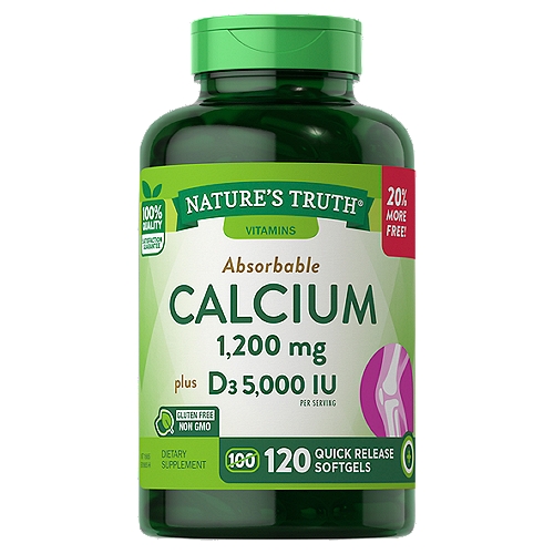 Nature's Truth Vitamins Absorbable Calcium Dietary Supplement, 1200 mg, 120 count
Support your bones with Calcium!? Commonly found in dairy, Calcium is an essential mineral that is known for supporting bone health and, when combined with Vitamin D, may reduce the risk of Osteoporosis.†** Our highly absorbable formula combines Calcium with Vitamin D3 for added support. Each serving of our quick release softgels provides you with 1,200 mg of Calcium and 125 mcg (5,000 IU) of sunny Vitamin D3, making it easier than ever to add these essentials to your daily wellness routine.

**Adequate calcium and vitamin D as part of a healthful diet, along with physical activity, may reduce the risk of Osteoporosis in later life.
†These statements have not been evaluated by the Food and Drug Administration. This product is not intended to diagnose, treat, cure or prevent any disease.
