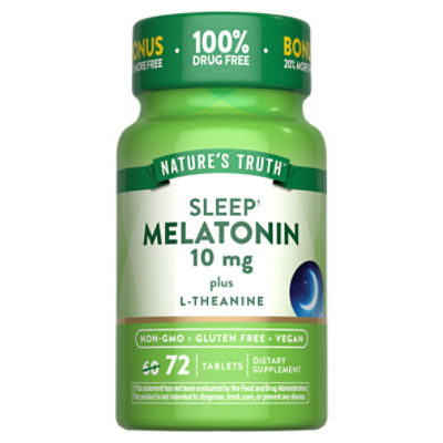 Nature's Truth Vitamins Drug Free Melatonin Plus L-Theanine Dietary Supplement, 10 mg, 72 count
•Nighttime sleep aid for occasional sleeplessness†
•Extra strength 10 mg Melatonin with L-Theanine
•One tablet before bedtime
•Non-GMO & gluten free
Settle down for a good night with Nature's Truth® Melatonin 10 mg tablets. One tablet before bedtime delivers extra strength melatonin to aid with occasional sleeplessness, plus the amino acid L-Theanine for additional support.† 
Melatonin is naturally produced in the body and plays a pivotal role in your natural sleep cycle. These tablets are easy to take and can act as a drug-free sleep aid for occasional sleepless nights.†
The best ingredients go into every Nature's Truth® vitamin and supplement. These Melatonin 10 mg plus L-Theanine tablets are vegetarian, non-GMO, and free of gluten, wheat, yeast, milk, lactose, soy, artificial colors, flavors, sweeteners, and preservatives. 
†These statements have not been evaluated by the Food and Drug Administration. This product is not intended to diagnose, treat, cure, or prevent any disease.