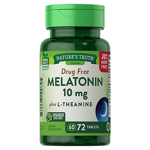 Nature's Truth Vitamins Drug Free Melatonin Plus L-Theanine Dietary Supplement, 10 mg, 72 count
•Nighttime sleep aid for occasional sleeplessness†
•Extra strength 10 mg Melatonin with L-Theanine
•One tablet before bedtime
•Non-GMO & gluten free
Settle down for a good night with Nature's Truth® Melatonin 10 mg tablets. One tablet before bedtime delivers extra strength melatonin to aid with occasional sleeplessness, plus the amino acid L-Theanine for additional support.† 
Melatonin is naturally produced in the body and plays a pivotal role in your natural sleep cycle. These tablets are easy to take and can act as a drug-free sleep aid for occasional sleepless nights.†
The best ingredients go into every Nature's Truth® vitamin and supplement. These Melatonin 10 mg plus L-Theanine tablets are vegetarian, non-GMO, and free of gluten, wheat, yeast, milk, lactose, soy, artificial colors, flavors, sweeteners, and preservatives. 
†These statements have not been evaluated by the Food and Drug Administration. This product is not intended to diagnose, treat, cure, or prevent any disease.