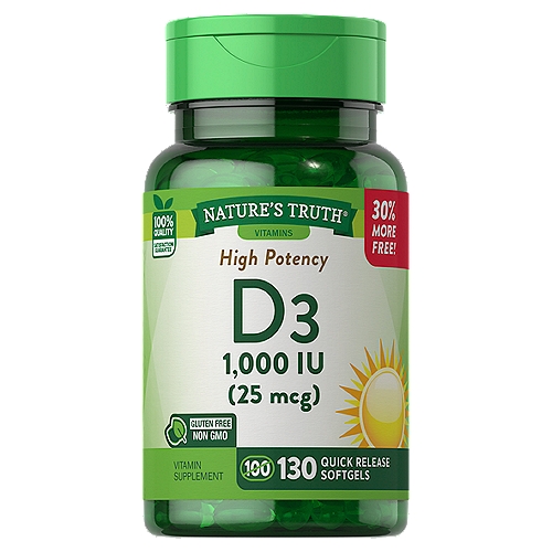 Nature's Truth Vitamins High Potency D3 1,000 IU Vitamin Supplement, 25 mcg, 130 count
• 1,000 IU (25 mcg) of essential Vitamin D3
• One quick release softgel per day
• Non-GMO, gluten free & dairy free
• Value size - 130 softgels per bottle

Known as the “sunshine vitamin'' because of the body's ability to produce it naturally after sunlight exposure, Vitamin D3 is an essential nutrient for everyday living. At a strength of 1,000 IU, one high potency D3 softgel per day fulfills your daily requirement!

This formula utilizes a form of vitamin D known as Cholecalciferol, or “D3,'' which is an active form of the vitamin. Taking a quality vitamin D supplement every day may be especially beneficial for those who spend a majority of time indoors, as well as those who apply sunscreen to their skin on a daily basis.

The best ingredients go into every Nature's Truth® vitamin and supplement. These high potency D3 softgels are non-GMO, and free of gluten, wheat, yeast, milk, lactose, soy, artificial colors, flavors, sweeteners, and preservatives.