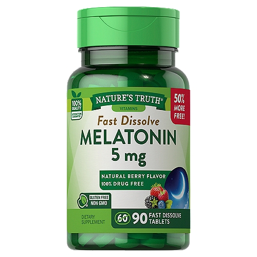Nature's Truth Vitamins Fast Dissolve Melatonin Dietary Supplement, 5 mg, 90 count
• Nighttime sleep aid for occasional sleeplessness†
• 5 mg fast dissolve tablets
• Natural berry flavor
• Vegetarian & non-GMO 
Set yourself up for sweet dreams with Nature's Truth® Fast Dissolve Melatonin 5 mg tablets. Each has a delicious natural berry flavor and is easy to take, delivering quality melatonin for occasional sleeplessness.†
The body naturally produces Melatonin, and it plays a pivotal role in your natural sleep cycle. As a supplement, Melatonin is a drug-free sleep aid for occasional sleepless nights.† Allow one fast dissolve tablet to dissolve in your mouth before swallowing, 30 minutes before bedtime.
The best ingredients go into these fast dissolve Melatonin tablets from Nature's Truth®. They are vegetarian, non-GMO, and free of gluten, yeast, milk, lactose, soy, artificial flavors, and preservatives. 
†These statements have not been evaluated by the Food and Drug Administration. This product is not intended to diagnose, treat, cure, or prevent any disease.