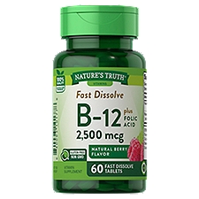 Nature's Truth Vitamins B-12 Plus Folic Acid Natural Berry Flavor 2500 mcg, Fast Dissolve Tabs, 60 Each