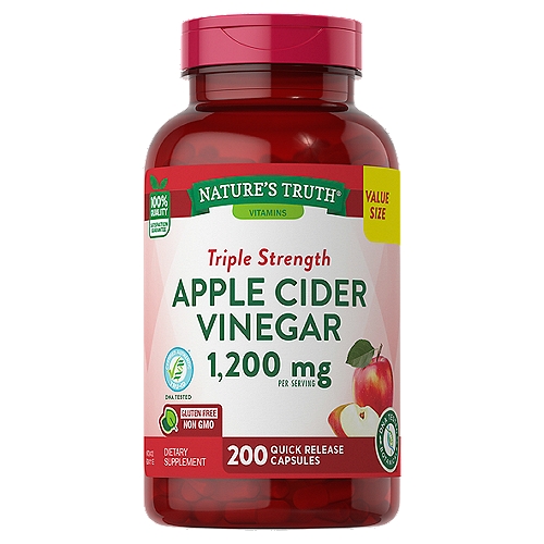 Nature's Truth Vitamins Triple Strength Apple Cider Vinegar Dietary Supplement, 1,200 mg, 200 count
•	1,200 mg of Apple Cider Vinegar per serving 
•	Certified Authentic TRU-ID®
•	Convenient quick release capsules - no vinegar aftertaste!
•	Value Size 200 count bottle
•	Non-GMO & free of gluten, wheat, yeast, milk, lactose, soy, artificial color, flavor, sweetener & preservatives

Nature's Reward® Triple Strength Apple Cider Vinegar delivers 1,200 mg per serving of this traditional nutrient in convenient quick release capsules.

Apple Cider Vinegar is created by fermenting the sugar from apples, a discovery made roughly 8,000 years ago. Today, many believe that Apple Cider Vinegar is a way to bring traditional goodness to your daily routine.

Nature's Truth® Apple Cider Vinegar is Certified Authentic TRU-ID®, meaning it has been TRU-ID® tested to verify its quality and authenticity. This advanced DNA testing traces the active ingredients back to their specific living origins, so you know that what you're seeing on the label is exactly what's in the bottle.