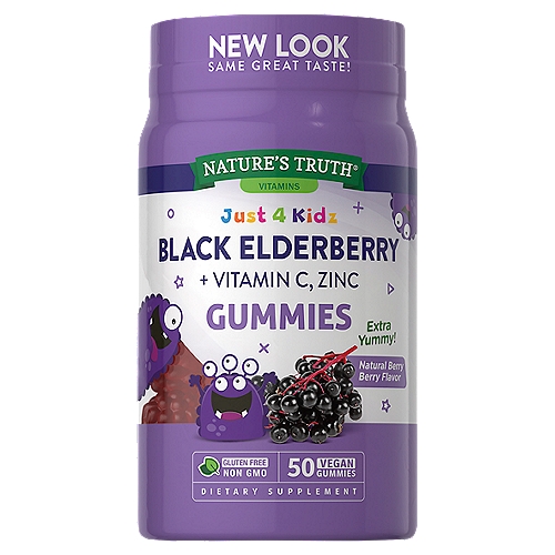 Nature's Truth Just 4 Kidz Black Elderberry + Vitamin C, Zinc Gummies Dietary Supplement, 50 count
Give your little ones the support they need with great tasting berry-flavored elderberry gummies they'll love!† Nature's Truth® Just 4 Kidz Black Elderberry Gummies are a delicious way for kids to get the important support of an Elderberry supplement, plus essential Vitamin C and Zinc.

Sambucus Elderberry extract is naturally rich in antioxidants and flavonoids, and our elderberries are carefully harvested to preserve their quality. Nature's Truth Black Elderberry Gummies for kids are packed with the antioxidant goodness of Elderberry, plus the tried-and-true vitamin and mineral support of Vitamin C and Zinc.†

†These statements have not been evaluated by the Food and Drug Administration. This product is not intended to diagnose, treat, cure or prevent any disease.