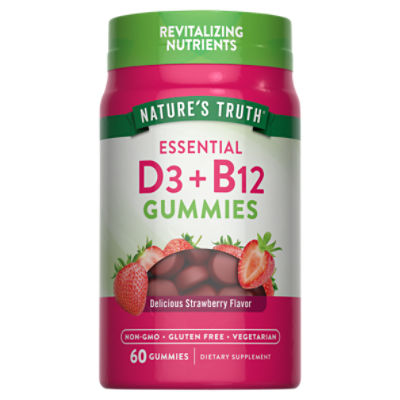 Nature's Truth Delicious Strawberry Flavor Essential D3 + B12 Gummies Dietary Supplement, 60 count