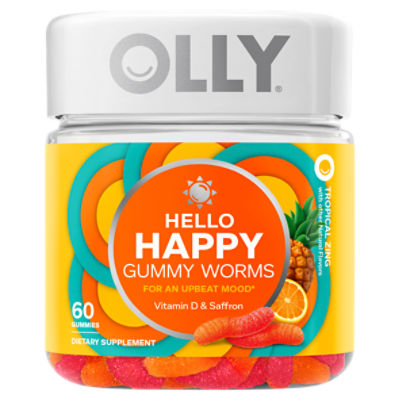 Olly Hello Happy Gummy Worms Tropical Zing Dietary Supplement, 60 count