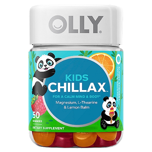 Olly Kids Chillax Sunny Sherbet Dietary Supplement, 50 count
For a Calm Mind & Body*

Naturally Tasty
A sweet lil' blend of raspberry, lime and orange

C is for Calm
These peaceful pals are just the thing to help gently calm little minds and bodies, while helping kiddos stay engaged. Free of icky ingredients, full of delicious goodness.*

The Goods Inside
Magnesium - An essential mineral that helps wind down those wiggles so kiddos can relax.*
L-Theanine - This amino acid supports a relaxed state of mind.*
Lemon Plan - A botanical that's been used for centuries to soothe and mellow.*
* These Statements Have Not Been Evaluated by The Food and Drug Administration. This Product is Not Intended to Diagnose, Treat, Cure or Prevent Any Disease.