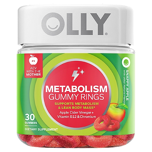 Olly Metabolism Gummy Rings Snappy Apple Dietary Supplement, 30 count
Supports Metabolism & Lean Body Mass*

In'cider Scoop
Mighty metabolism. Packed with goodness to promote steady energy, digestive health and more body-positive benefits.*

The Goods Inside
Chromium
A clinically-studied dose that supports lean body mass and helps boost metabolism (woot).*
Apple Cider Vinegar
Comes with the ''Mother'' (containing gut-friendly probiotics) and has been used as a home remedy for centuries to support digestive health.*
Vitamin B12
Critical for the production of cellular energy-the fuel your body needs to burn without burnout.*
* These Statements Have Not Been Evaluated by the Food and Drug Administration. This Product is Not Intended to Diagnose, Treat, Cure or Prevent Any Disease.
