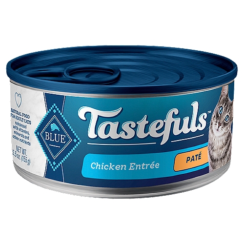 BLUE Tastefuls Chicken Entrée Paté Natural Food for Adult Cats, 5.5 oz
Nutrition Statement: Blue Tastefuls Chicken Entrée Paté for Adult Cats is formulated to meet the nutritional levels established by the AAFCO Cat Food Nutrient Profiles for maintenance.