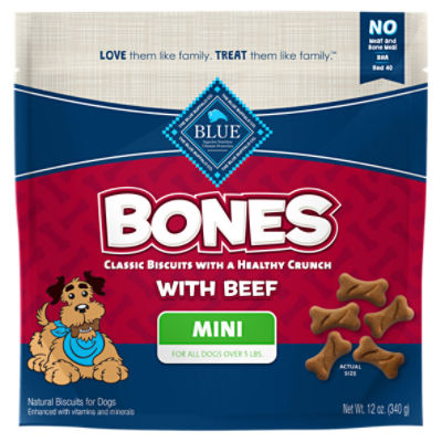 Blue Buffalo Bones Natural Crunchy Biscuits Mini Beef Dog Treats, 12 Ounce