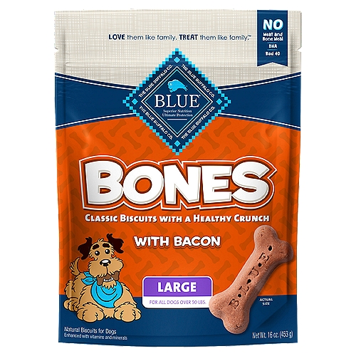 The Blue Buffalo Co. BLUE Bones with Bacon Natural Biscuits for Dogs, Large, 16 oz
Inspired by our boy Blue, these mouthwatering BLUE Bones are an instant favorite - a healthy take on the classic cookie, made with real bacon and oven-baked for a satisfying crunch. The ideal way to show your love every day, BLUE Bones are the perfect reward for all the ways our best friends make us smile.

BLUE Bones are baked with tasty ingredients like wholesome oats and real bacon. And unlike some other brands, BLUE Bones are formulated with No meat and bone meal, No BHA or Red 40, No corn, wheat or soy, and No chicken (or poultry) by-product meals. Just healthy ingredients your dog will love - so grab the bag and watch that tail wag!
The Bishop Family