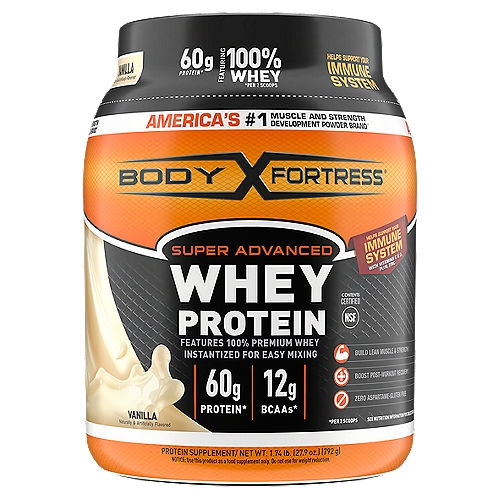 Body Fortress Super Advanced Vanilla Whey Protein Supplement, 1.74 lb
Body Fortress Vanilla flavored Super Advanced Whey Protein Powder is the ideal post workout protein supplement, featuring 100% premium Whey. This gluten free protein powder formula with vitamins C & D plus zinc helps support your immune system and gives you the power to train harder and rebuild lean muscle faster because tomorrow's workout starts with today's recovery.(1) 

Whey is the preferred protein in sports nutrition as it quickly absorbs and gets to your muscles and because of its high content of branched chain amino acids (BCAAs). BCAAs are key essential amino acids that help to activate muscle building after a hard workout.(1) 

(1) or ◊ - These statements have not been evaluated by the Food and Drug Administration. This product is not intended to diagnose, treat, cure or prevent any disease.
(2) or * - Per 2 scoops