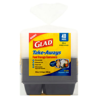 Glad 28 Oz Divided Rectangle Take-Aways Food Storage Containers, 40 count, 20 Each