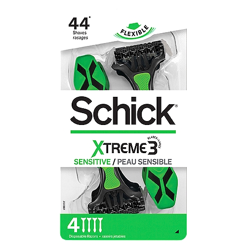 Schick Xtreme Sensitive Disposable Razors, 4 count
Triple blade closeness: three blades that flex and pivot for a closer, smoother shave. Patented blade technology: the only razor with blades that pivot and flex to optimize contact with the skin to give you an extremely close shave while guarding against.