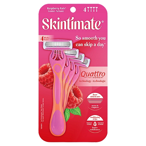 Skintimate Raspberry Rain Scented Razors, 4 count
Fewer nicks & cuts*
*vs Skintimate® Twin Blade

Skin & Earth Loving™

Skintimate is putting a new twist on an old favorite. Our Raspberry Rain Disposable Razors provide skin protection, soothing aromatherapy and a long-lasting shave all in one. This razor for women gives you a shave so close, you can skip a day or two. It features four Smooth Protect blades that guarantee fewer nicks and cuts*. To further enhance your shaving experience, we added a vibrant, refreshing raspberry scented handle. For delightfully smooth legs, optimize your shaving routine by pairing your razor with our Raspberry Rain Shave Gel. Skintimate offers a variety of solutions to meet your shaving needs. Whether your skin is dry, sensitive or somewhere in between, we've got a razor and shave gel that's perfect for you! 

(*Compared to Slim Twin)

SKINTIMATE and related marks are owned by Edgewell Personal Care Brands, LLC