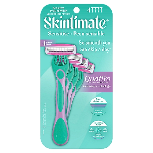 Skintimate Sensitive Skin 4-Blade Disposable Razor, 4 Count
Fewer nicks & cuts*
*vs Skintimate® Twin Blade

Skin & Earth Loving™

Skintimate created a disposable razor that provides serious skin protection and a long-lasting shave all in one. The Sensitive Skin Disposable Razor features stylishly redesigned packaging, four Smooth Protect blades that guarantee fewer nicks and cuts* and a comfort strip to help prevent skin irritation, with a touch of aloe. To make shaving effortless, this razor was designed with an easy-to-hold handle and compact head for hard-to-reach areas. For delightfully smooth legs, optimize your shaving routine by using your disposable razor with our Skintimate Skin Therapy Sensitive Shave Gel. Skintimate offers a variety of solutions to meet your shaving needs. Whether your skin is dry, sensitive or somewhere in between, we've got a razor and shave gel that's perfect for you! 

(* Compared to Slim Twin)

SKINTIMATE and related marks are owned by Edgewell Personal Care Brands, LLC