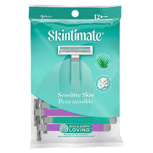 Skintimate Sensitive Skin Unscented Blades, 12 count
Skintimate Twin Blade Disposable Razors are designed for convenient portability to provide a close, precise shave anytime, anywhere. Twin blades and a narrow-head design ensure a precise, close shave even in hard to reach places. The conditioning lubrication strip, formulated with a touch of Aloe and Vitamin E, activates with water to enhance razor glide and help protect sensitive skin against irritation. For an optimal shaving experience, use your disposable razor with Skintimate Skin Therapy Shave Gel.