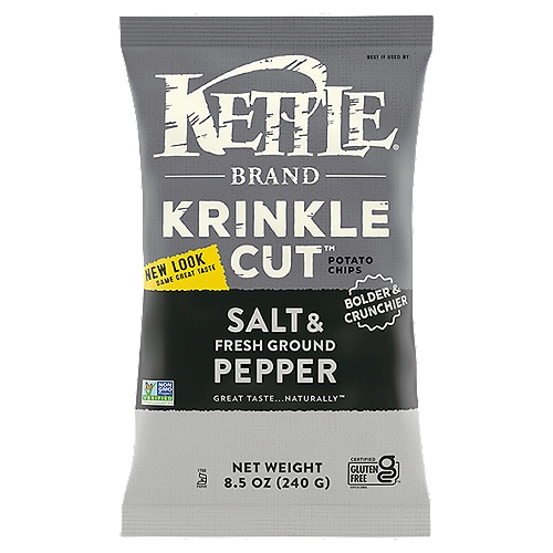 Kettle Brand Krinkle Cut Salt & Fresh Ground Pepper Potato Chips, 8.5 oz
Kettle Brand Krinkle Cut Salt & Ground Pepper kettle chips are sliced thicker than our classic kettle chips for an extra crunch. And their deep ridges hold all the extreme seasoning they need. Each potato chip is sprinkled with a much-loved combo: a kiss of salt and the kick of ground pepper. On top of that, they follow Our Natural Promise to be Non-GMO Project Verified and Certified Gluten-Free. So go ahead, experience the enjoyment straight out of the bag. It takes pretty high standards to achieve Kettle Brand chips' amazing crunch and flavor. Kettle Brand chips always deliver on taste because they're made from quality ingredients and the perfect blend of seasonings. When you open a bag of Kettle Brand Krinkle Cut potato chips, you know you're getting incredible quality made with authentic recipes by real people who take real care with what they do. You can share this 8.5 ounce bag of chips with a friend, but we won't blame you for keeping it to yourself. Kettle Brand potato chips. Kettle Brand Krinkle Cut potato chips. Extra in a good way.